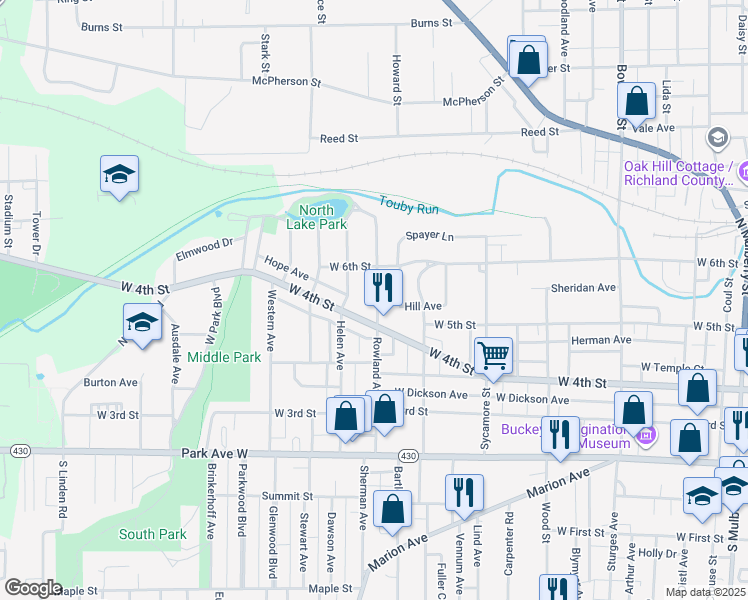 map of restaurants, bars, coffee shops, grocery stores, and more near 192 Rowland Avenue in Mansfield