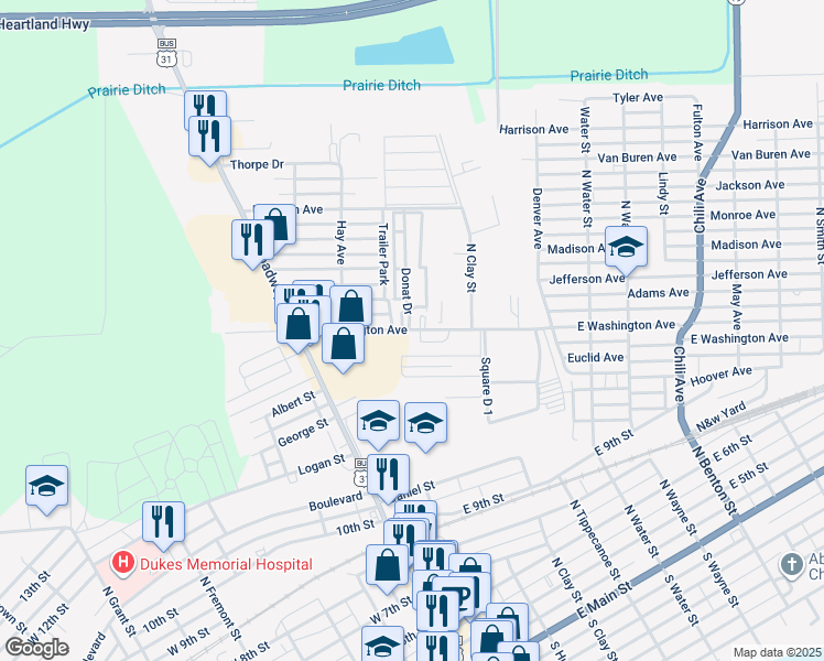 map of restaurants, bars, coffee shops, grocery stores, and more near 95-99 East Washington Avenue in Peru