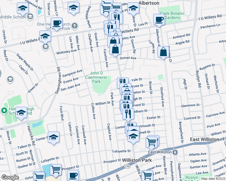 map of restaurants, bars, coffee shops, grocery stores, and more near 281 Park Avenue in Williston Park