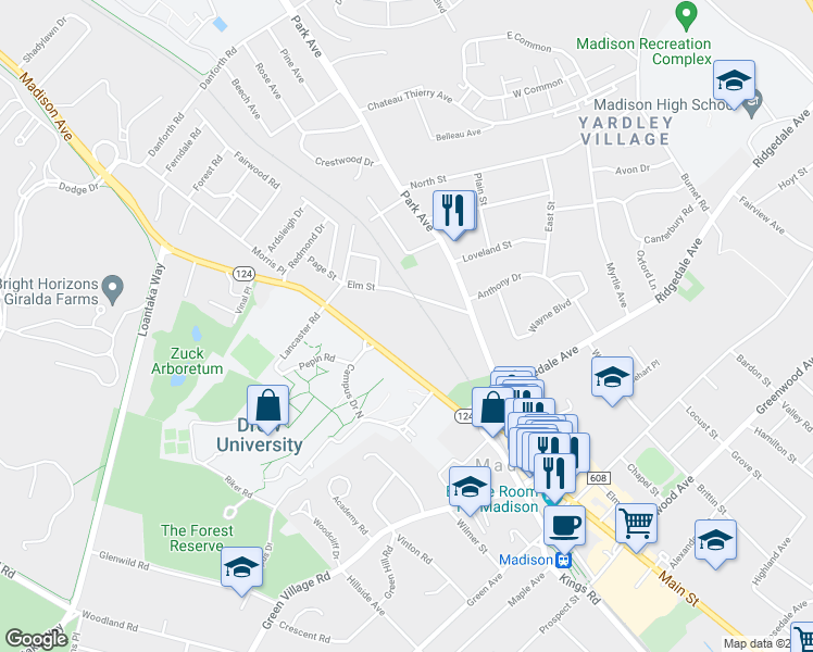 map of restaurants, bars, coffee shops, grocery stores, and more near 39 Madison Avenue in Madison