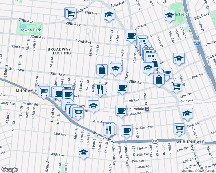 map of restaurants, bars, coffee shops, grocery stores, and more near 35-25 170th Street in Queens