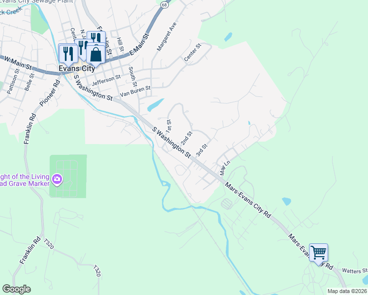 map of restaurants, bars, coffee shops, grocery stores, and more near 901 South Washington Street in Evans City