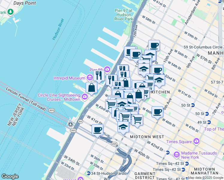 map of restaurants, bars, coffee shops, grocery stores, and more near 621 West 46th Street in New York