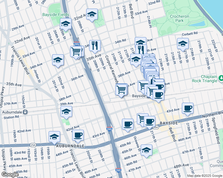map of restaurants, bars, coffee shops, grocery stores, and more near 38-34 209th Street in Queens