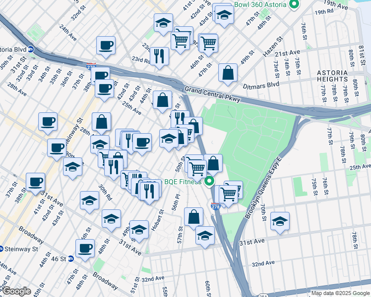 map of restaurants, bars, coffee shops, grocery stores, and more near 25-15 50th Street in Queens