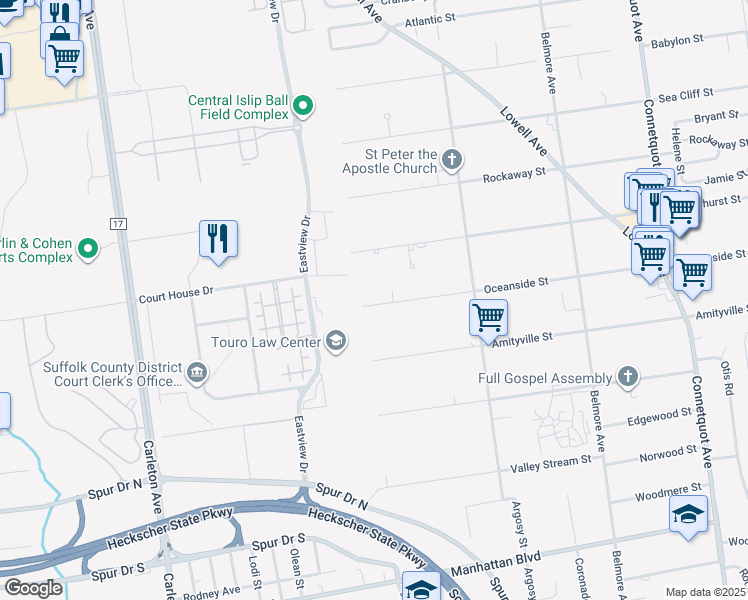 map of restaurants, bars, coffee shops, grocery stores, and more near 15 Oceanside Street in Islip Terrace