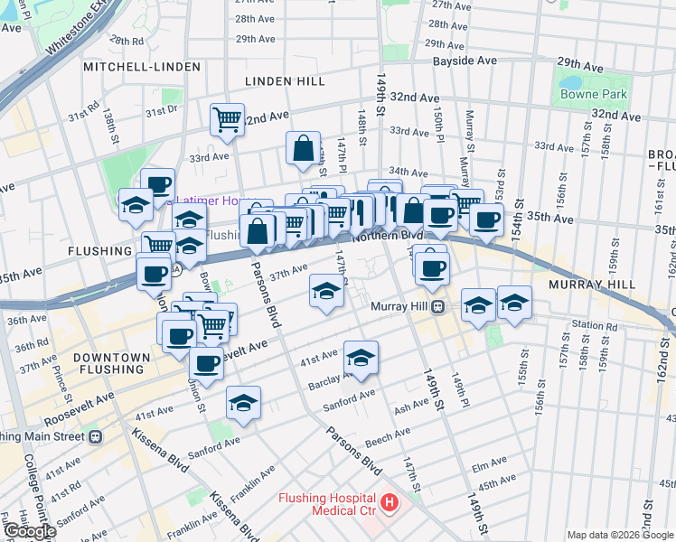 map of restaurants, bars, coffee shops, grocery stores, and more near 37-18 147th Street in Queens