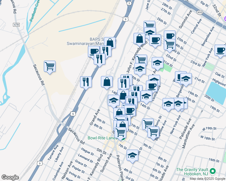 map of restaurants, bars, coffee shops, grocery stores, and more near 1402 14th Street in North Bergen