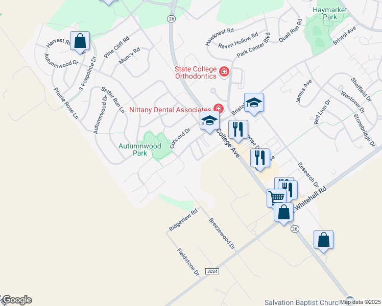 map of restaurants, bars, coffee shops, grocery stores, and more near 110 Gala Drive in State College