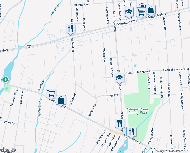 map of restaurants, bars, coffee shops, grocery stores, and more near 87 Hedges Avenue in East Patchogue