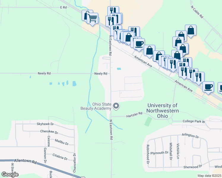 map of restaurants, bars, coffee shops, grocery stores, and more near 1910 North Eastown Road in Elida