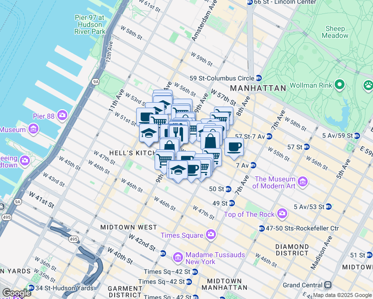 map of restaurants, bars, coffee shops, grocery stores, and more near 360 West 52nd Street in New York