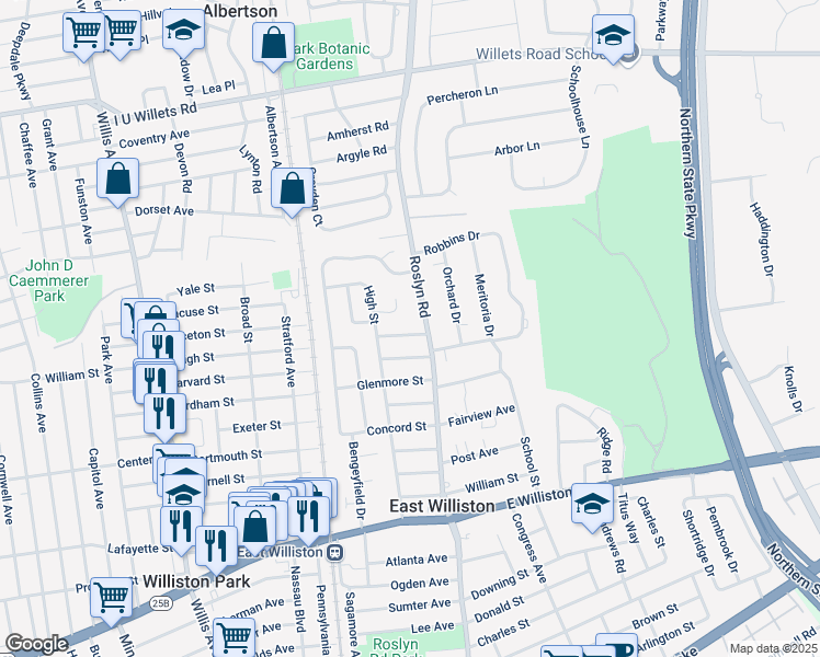 map of restaurants, bars, coffee shops, grocery stores, and more near 219 Howard Street in East Williston