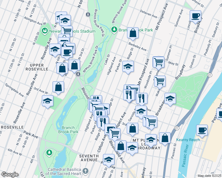 map of restaurants, bars, coffee shops, grocery stores, and more near 315 Parker Street in Newark