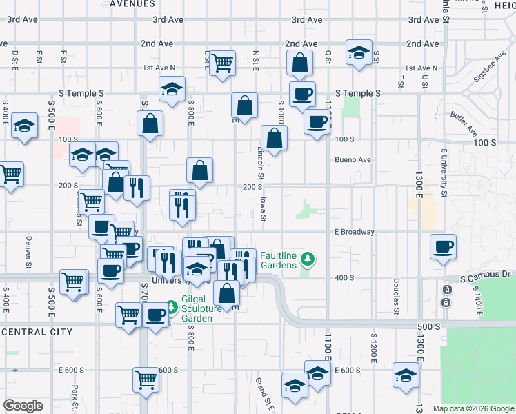 map of restaurants, bars, coffee shops, grocery stores, and more near 936 Pennsylvania Place in Salt Lake City