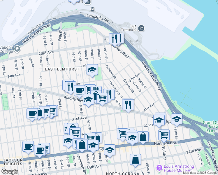 map of restaurants, bars, coffee shops, grocery stores, and more near 25-33 McIntosh Street in Queens