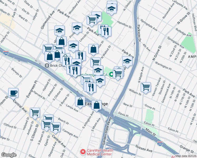 map of restaurants, bars, coffee shops, grocery stores, and more near 35 Winans Street in East Orange
