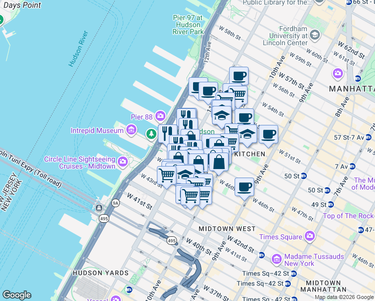 map of restaurants, bars, coffee shops, grocery stores, and more near 11th Ave & W 47th St in New York