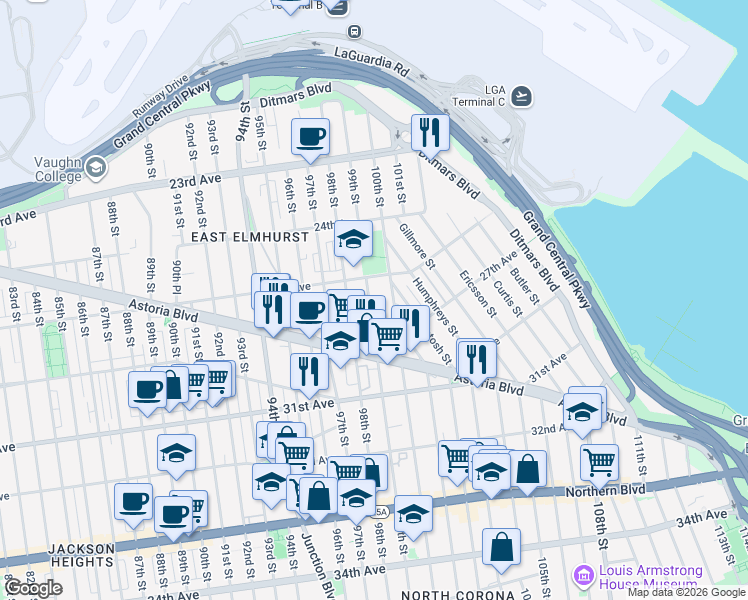 map of restaurants, bars, coffee shops, grocery stores, and more near 25-23 99th Street in Queens