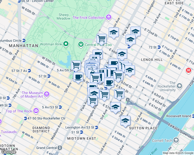 map of restaurants, bars, coffee shops, grocery stores, and more near 530 Park Avenue in New York