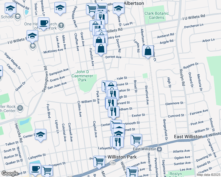 map of restaurants, bars, coffee shops, grocery stores, and more near 711 Willis Avenue in Williston Park