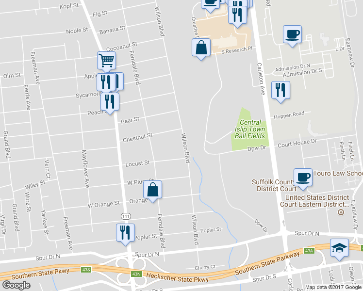 map of restaurants, bars, coffee shops, grocery stores, and more near 582 Wilson Boulevard in Central Islip