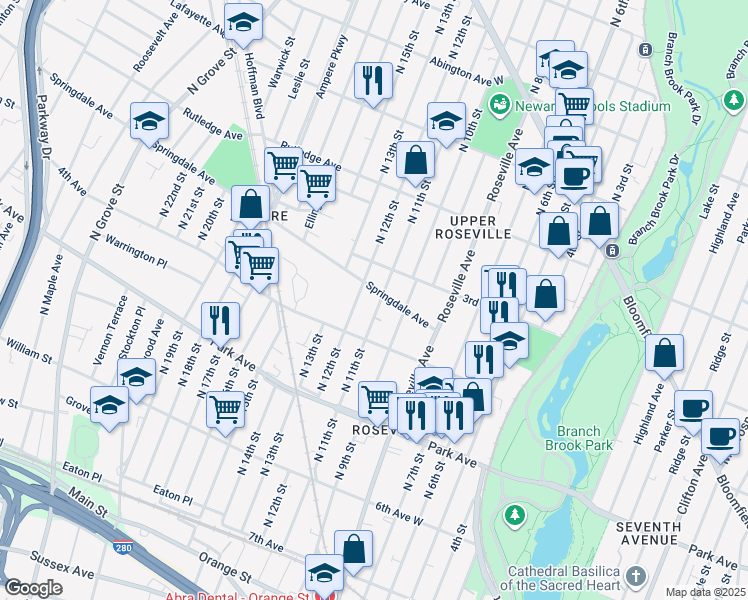 map of restaurants, bars, coffee shops, grocery stores, and more near 254 North 11th Street in Newark