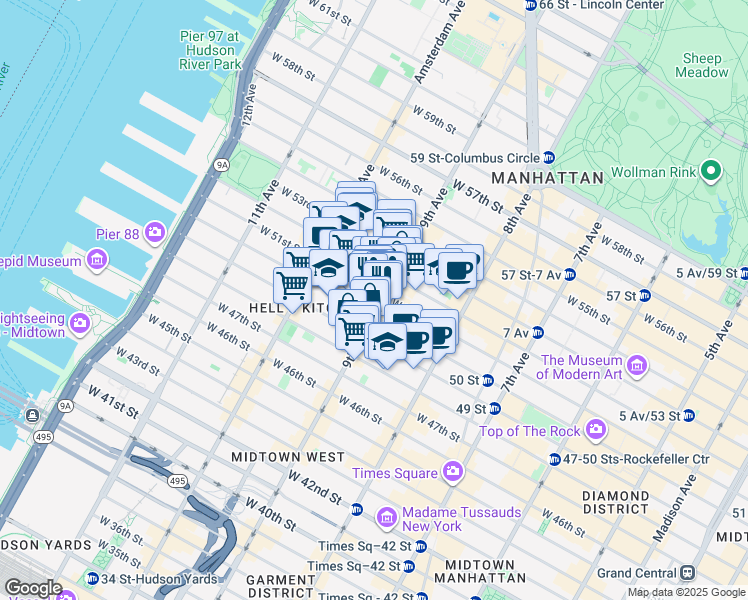 map of restaurants, bars, coffee shops, grocery stores, and more near 751 9th Avenue in New York