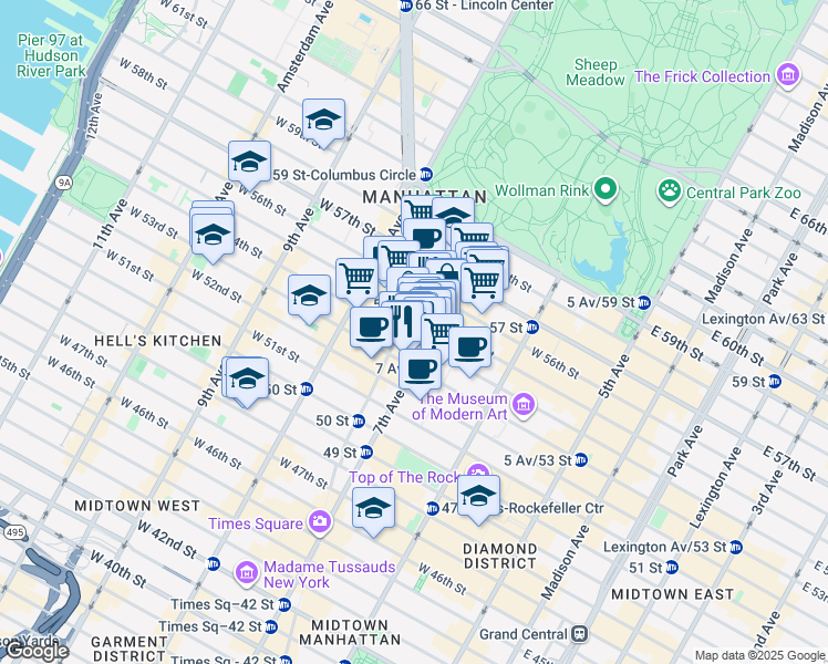 map of restaurants, bars, coffee shops, grocery stores, and more near 205 West 54th Street in New York