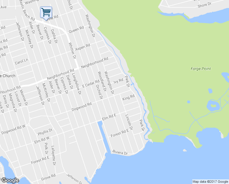 map of restaurants, bars, coffee shops, grocery stores, and more near 27 Juniper Road in Mastic Beach