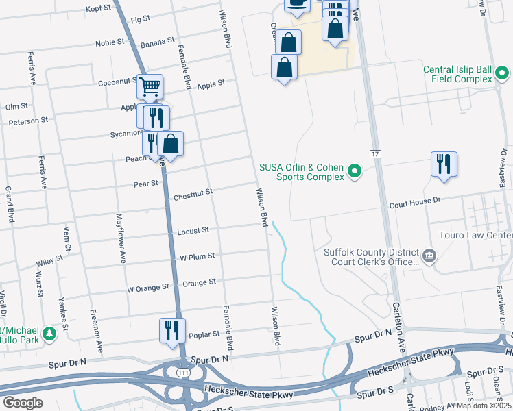 map of restaurants, bars, coffee shops, grocery stores, and more near 582 Wilson Boulevard in Central Islip