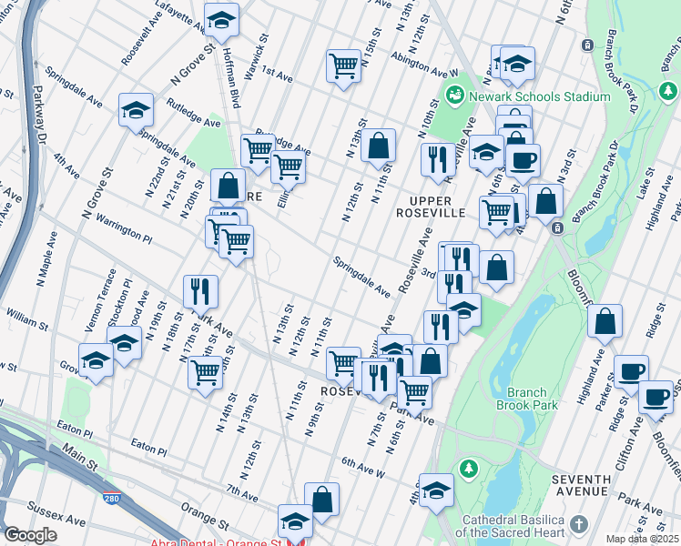 map of restaurants, bars, coffee shops, grocery stores, and more near 254 North 11th Street in Newark