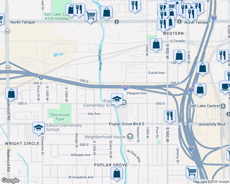 map of restaurants, bars, coffee shops, grocery stores, and more near 232 South 1135 West in Salt Lake City