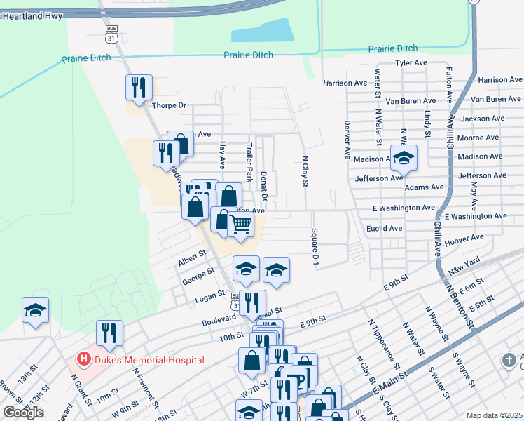 map of restaurants, bars, coffee shops, grocery stores, and more near 95 East Washington Avenue in Peru