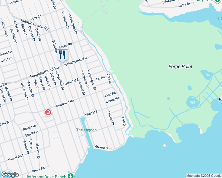 map of restaurants, bars, coffee shops, grocery stores, and more near 4 Dogwood Road in Mastic Beach