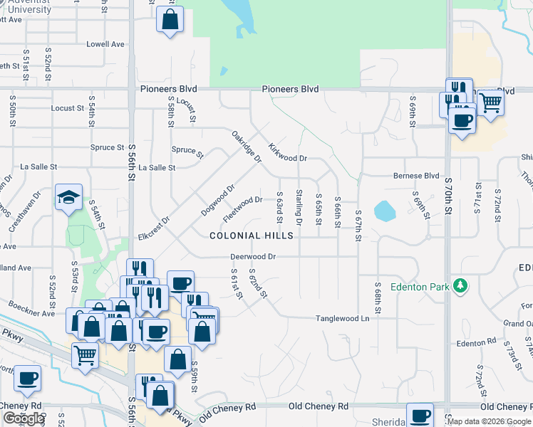 map of restaurants, bars, coffee shops, grocery stores, and more near 6230 South Richland Circle in Lincoln