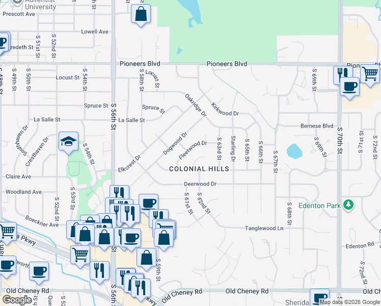 map of restaurants, bars, coffee shops, grocery stores, and more near 6051 Fleetwood Drive in Lincoln