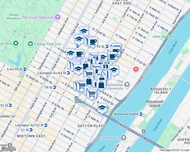 map of restaurants, bars, coffee shops, grocery stores, and more near 323 East 65th Street in New York