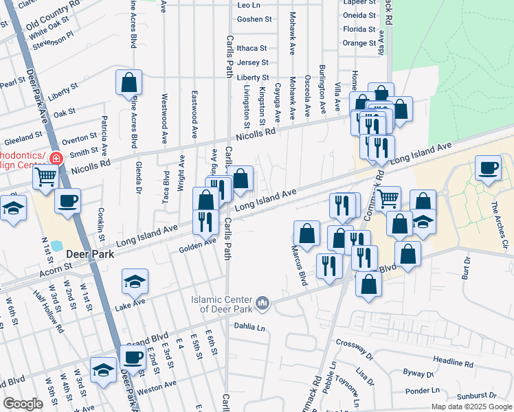 map of restaurants, bars, coffee shops, grocery stores, and more near 904 Long Island Ave in Deer Park