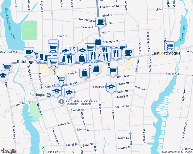 map of restaurants, bars, coffee shops, grocery stores, and more near 49 Rider Avenue in Patchogue