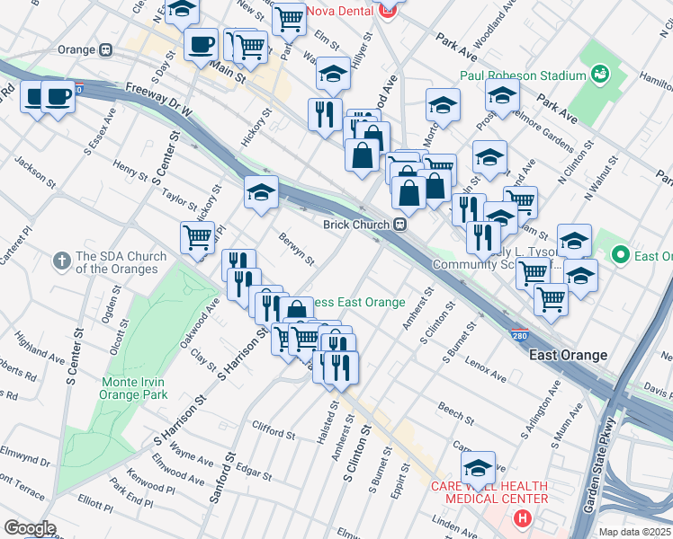 map of restaurants, bars, coffee shops, grocery stores, and more near 106 South Harrison Street in East Orange