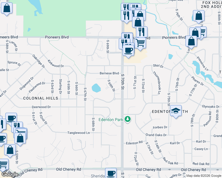 map of restaurants, bars, coffee shops, grocery stores, and more near 4921 South 69th Street in Lincoln