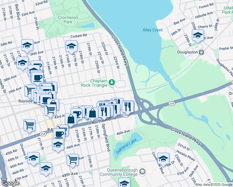 map of restaurants, bars, coffee shops, grocery stores, and more near 33 221st Street in Queens