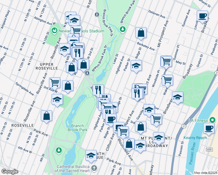 map of restaurants, bars, coffee shops, grocery stores, and more near 222-224 Highland Avenue in Newark