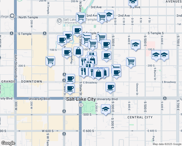 map of restaurants, bars, coffee shops, grocery stores, and more near 231 South Edison Street in Salt Lake City