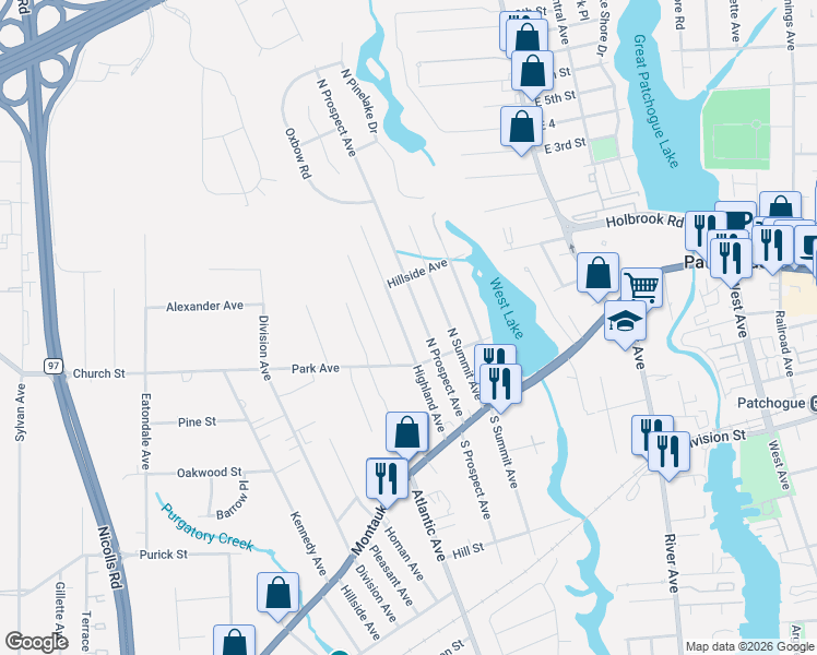 map of restaurants, bars, coffee shops, grocery stores, and more near 91 Highland Avenue in Patchogue