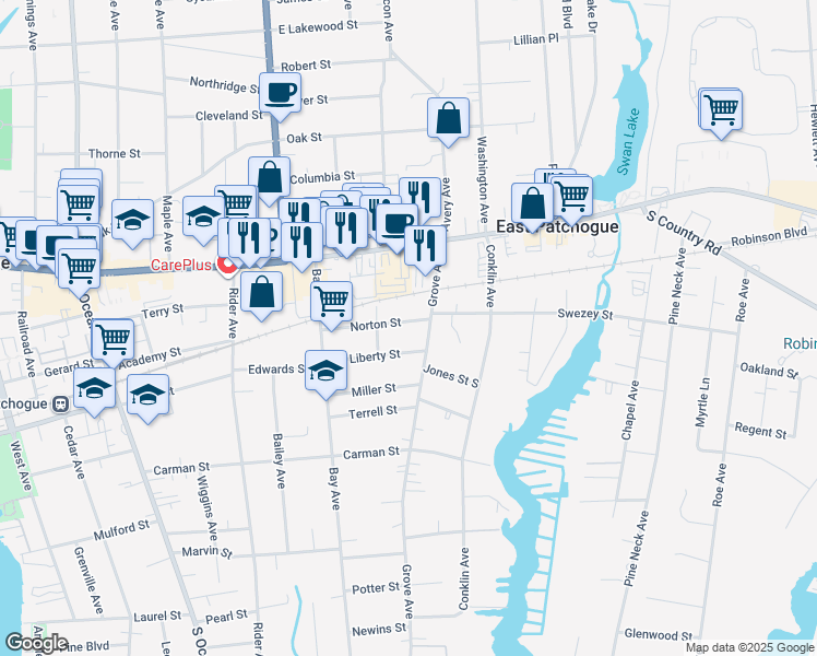 map of restaurants, bars, coffee shops, grocery stores, and more near 76 Norton Street in Patchogue