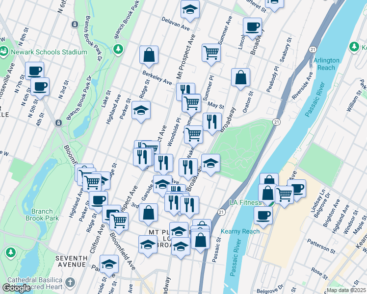 map of restaurants, bars, coffee shops, grocery stores, and more near 357 Summer Avenue in Newark
