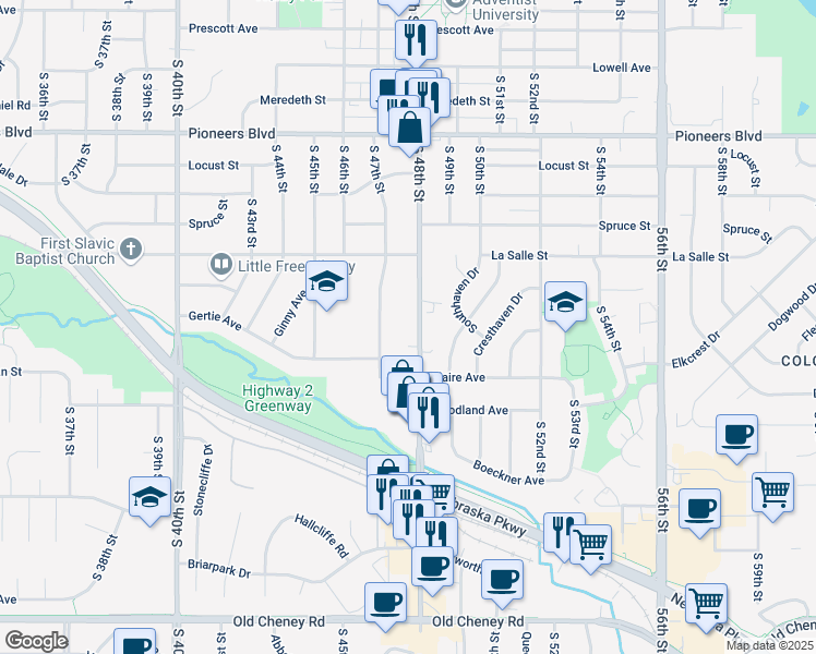 map of restaurants, bars, coffee shops, grocery stores, and more near 4911 South 48th Street in Lincoln