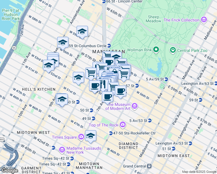 map of restaurants, bars, coffee shops, grocery stores, and more near 842 7th Avenue in New York